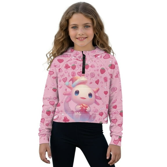 Xoenoiee Axolotl Strawberry Heart Candy Print Girls' Hoodies Sweatshirts Half Zipper Pullover Crop Tops for Teen Girls Long Sleeve Sweater with Pocket, Size 11-12 Years