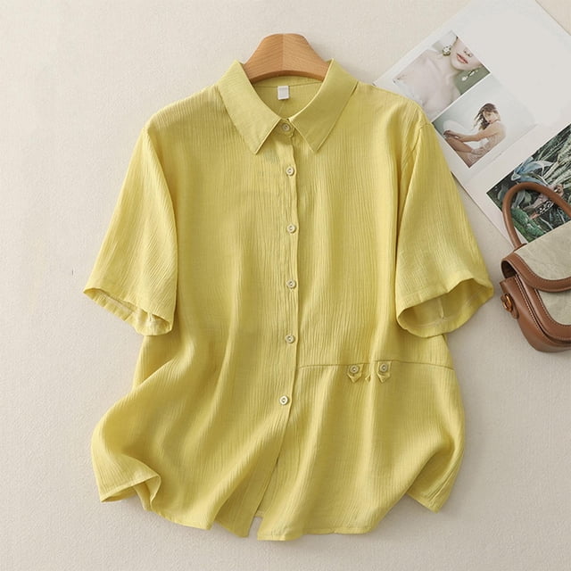 mfyjkho Tops Para Mujer, Blusa De Lino Sintético Con Cuello Vuelto, Manga Corta Y Botones De Color Liso Para Mujer Tops Para Mujer M