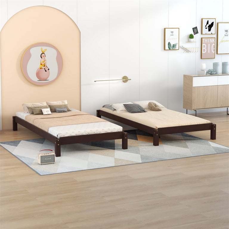 Twin Size Solid Wood Platform Bed Frame With Wood Slats - Walnut Finish, Modern