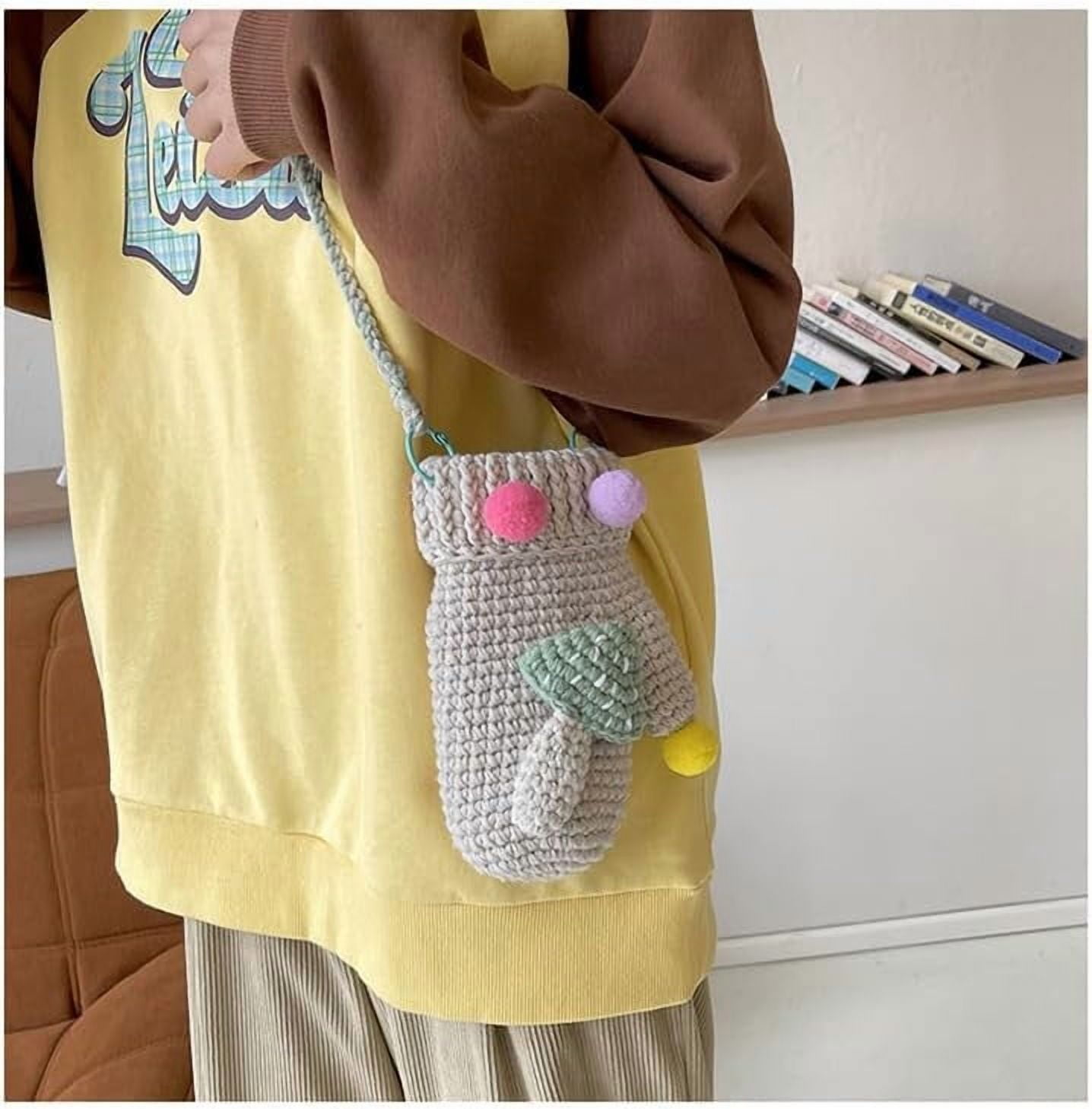 JennyShop Women Knitted Glove Shaped Crossbody Bag Pretty Shoulder Bag Crochet Cell Phone Bag with Mushroom Decoration