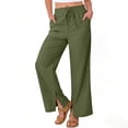 thumbnail image 4 of Summer Linen Pants for Women Loose Straight Leg Side Split Trousers with Pockets Lightweight Comfy Casual Wide Leg Pants ,Green-a，XL, 4 of 9