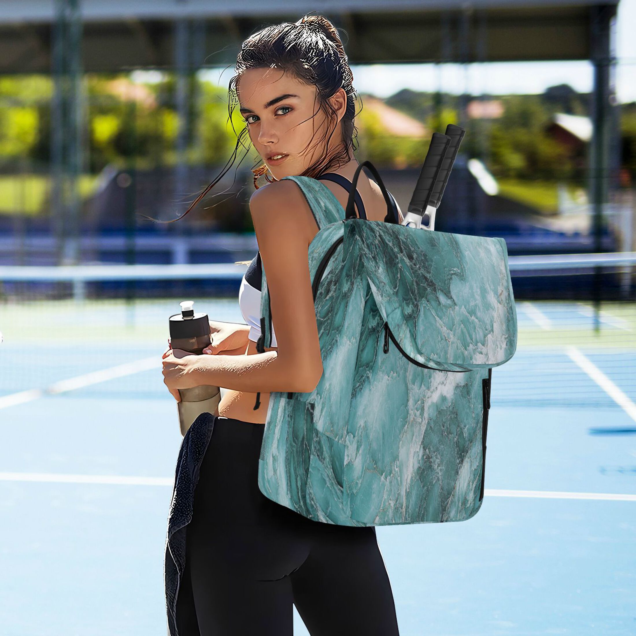2 Racquet Holder Tennis Backpack Tennis Racket Covers Gym Bags Blue Green Marble Grain