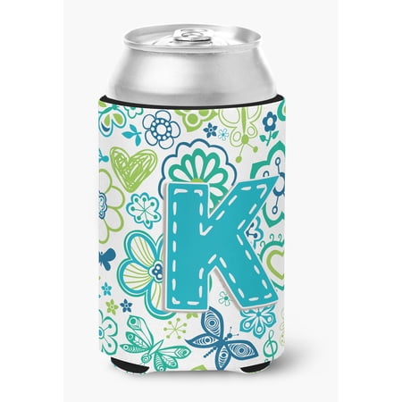 Letter K Flowers and Butterflies Teal Blue Can or Bottle Hugger