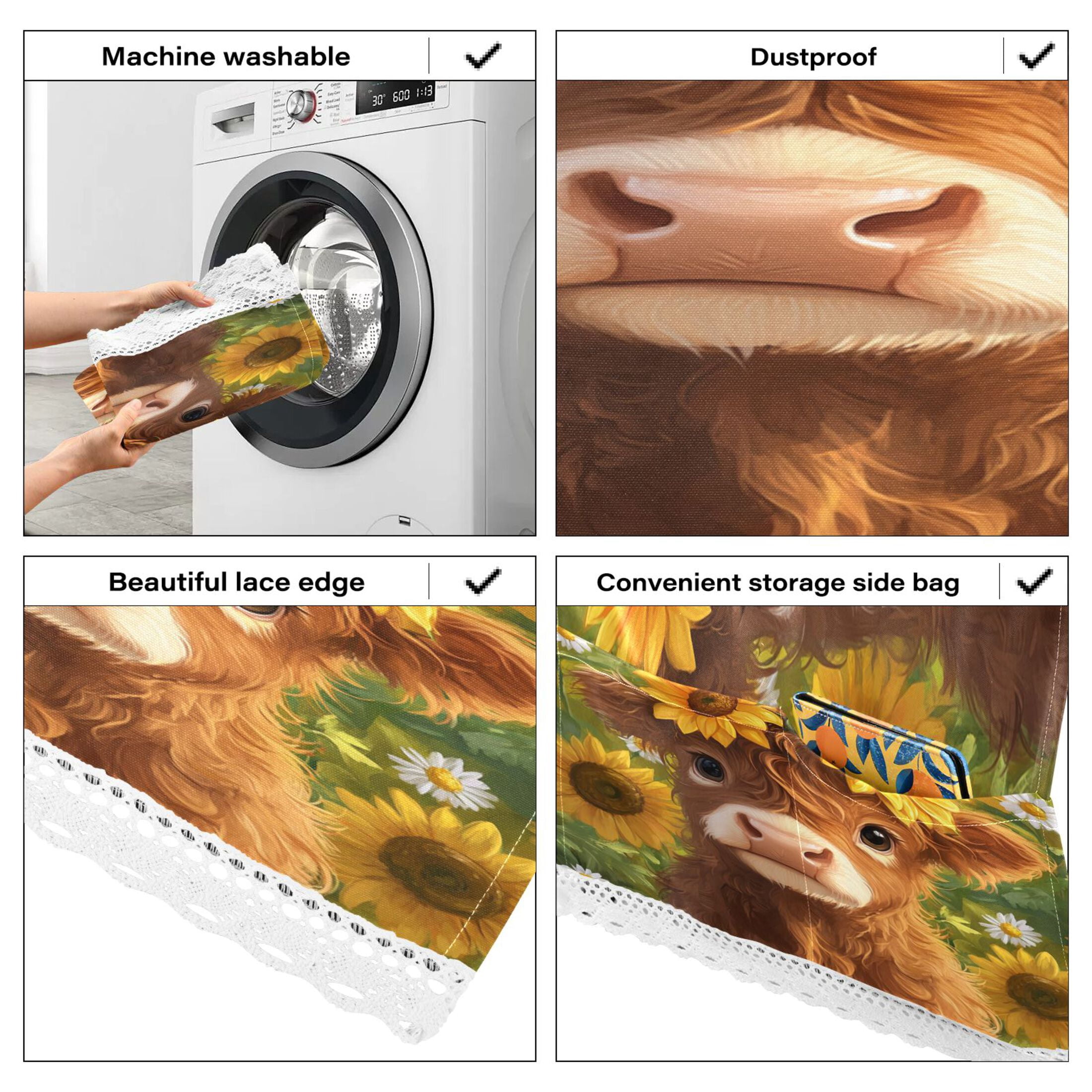 Dustproof Washing Machine Cloth Washer and Dryer Top Covers, Fridge Dust Cover, With Storage Bags Cute Highland Cow