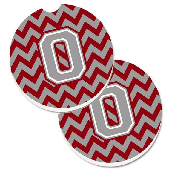 Letter O Chevron Crimson & Grey Set of 2 Cup Holder Car Coaster