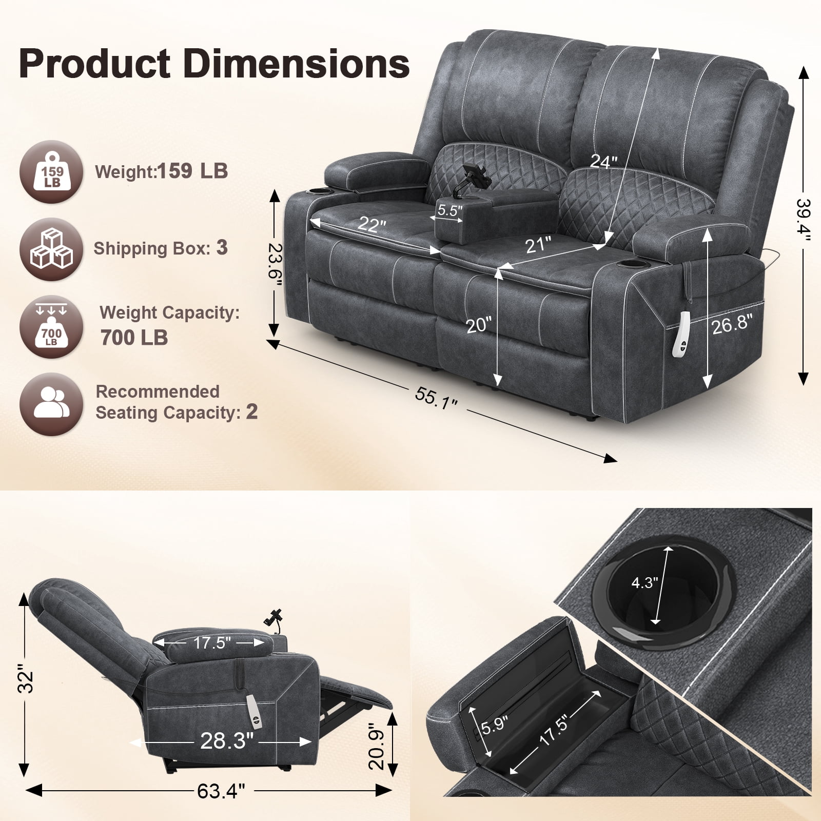 Power Reclining Loveseat for Home Theater RV with USB Charging, Storage Console, Removable Armrests, Wall-Hugger Design Velvet Grey