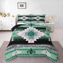 jejeloiu Retro Boho Aztec Queen Comforter Set,Rustic Farmhouse Tribal Bedding Sets,Green Pink Bohemian Rhombus Bedding Comforter Set For Teens,Microfiber Bedroom Decor Reversible,3 Pieces