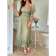 thumbnail image 2 of Women Short Sleeve Midi Dress Square Neck Contrast Color Casual Rick Rack Smocked Dresses Green L, 2 of 5