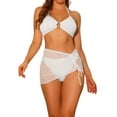 thumbnail image 1 of Conjuntos de bikini de anillo con halter para mujeres, traje de baño de 3 piezas con falda de malla con cordón, sarongs pequeños en blanco, 1 of 5