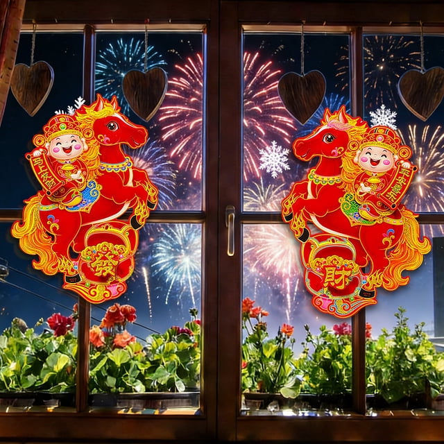 Juego de platos de puerta china – Decoración del Festival de Primavera del Año del Caballo, textura flocada con detalles dorados, autoadhesivo, reutilizable, símbolo de bendiciones, adorno de pared