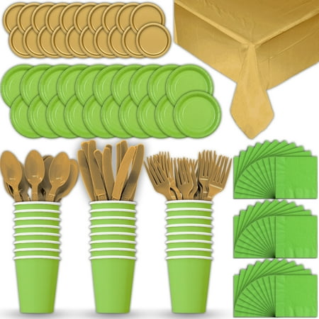 Gold Dinner Knife - Paper Tableware Set for 24 - Lime Green & Gold - Dinner and Dessert Plates, Cups, Napkins, Cutlery (Spoons, Forks, Knives), and Tablecloths - Full Two-Tone Party Supplies Pack
