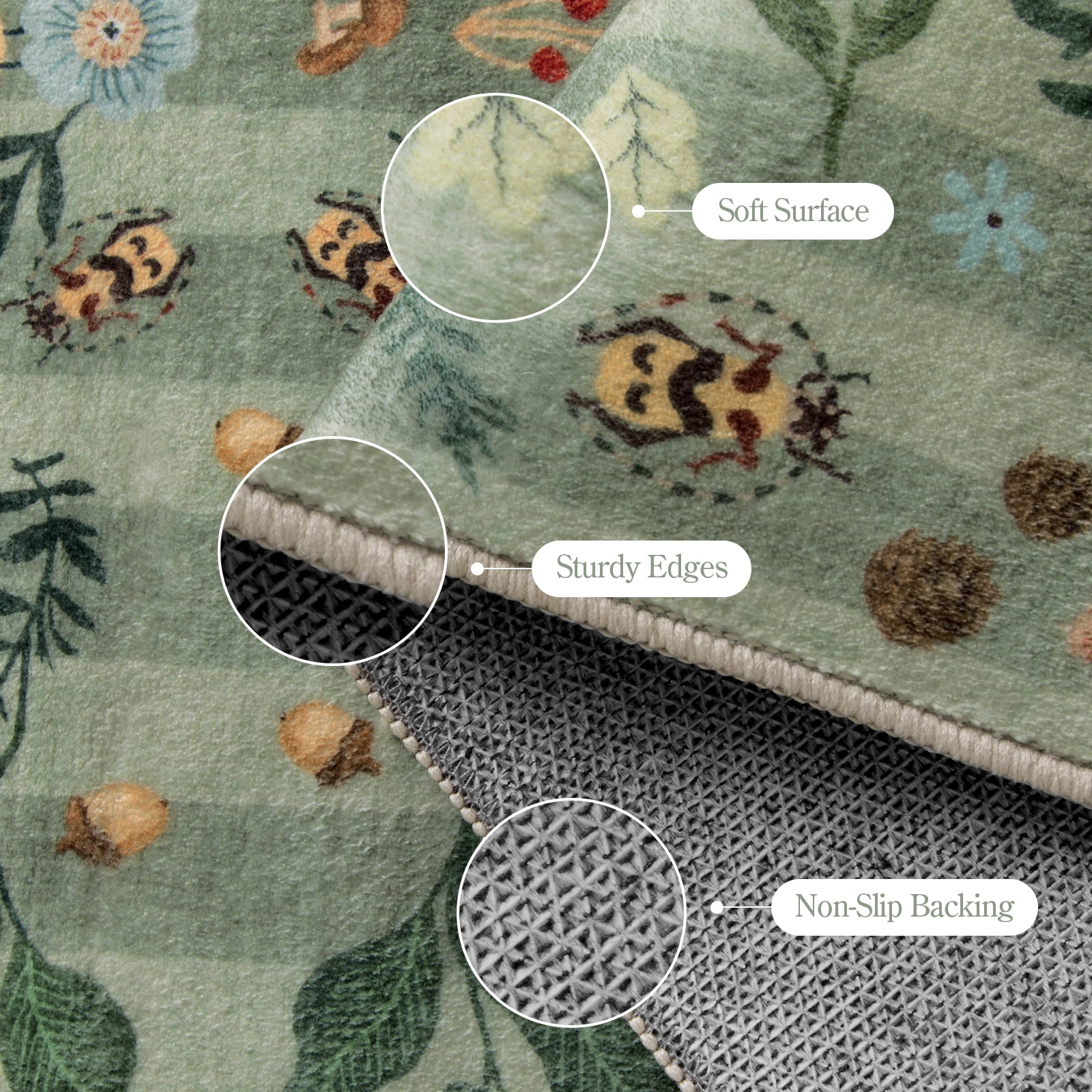 Wonnitar 2x6 Insect Kitchen Runner Rug, Ultra Thin Green Boho Floral Runners for Hallway, Soft Low Pile Washable Runner Rugs, Non Slip Rug Runner for Entryway Laundry