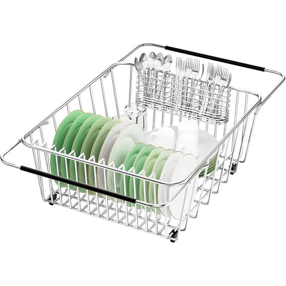 Large Sink Dish Drying Rack, Expandable 304 Stainless Steel Metal Dish Drainer Rack Organizer Shelves with Stainless Steel Utensil Holder Over Inside Sink, Rustproof