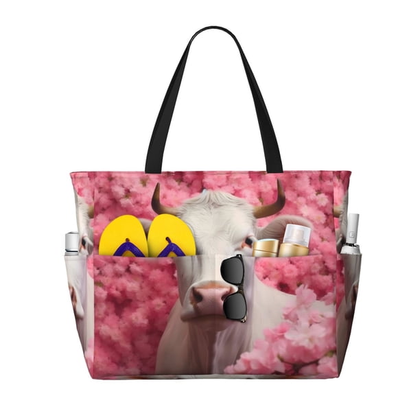Fotbe Flower White Cow Bolsa de Viaje para Playa - Resistente al Agua, Bolsa Tote de Gran Capacidad y Ligera con 7 Bolsillos para Mujeres y Hombres