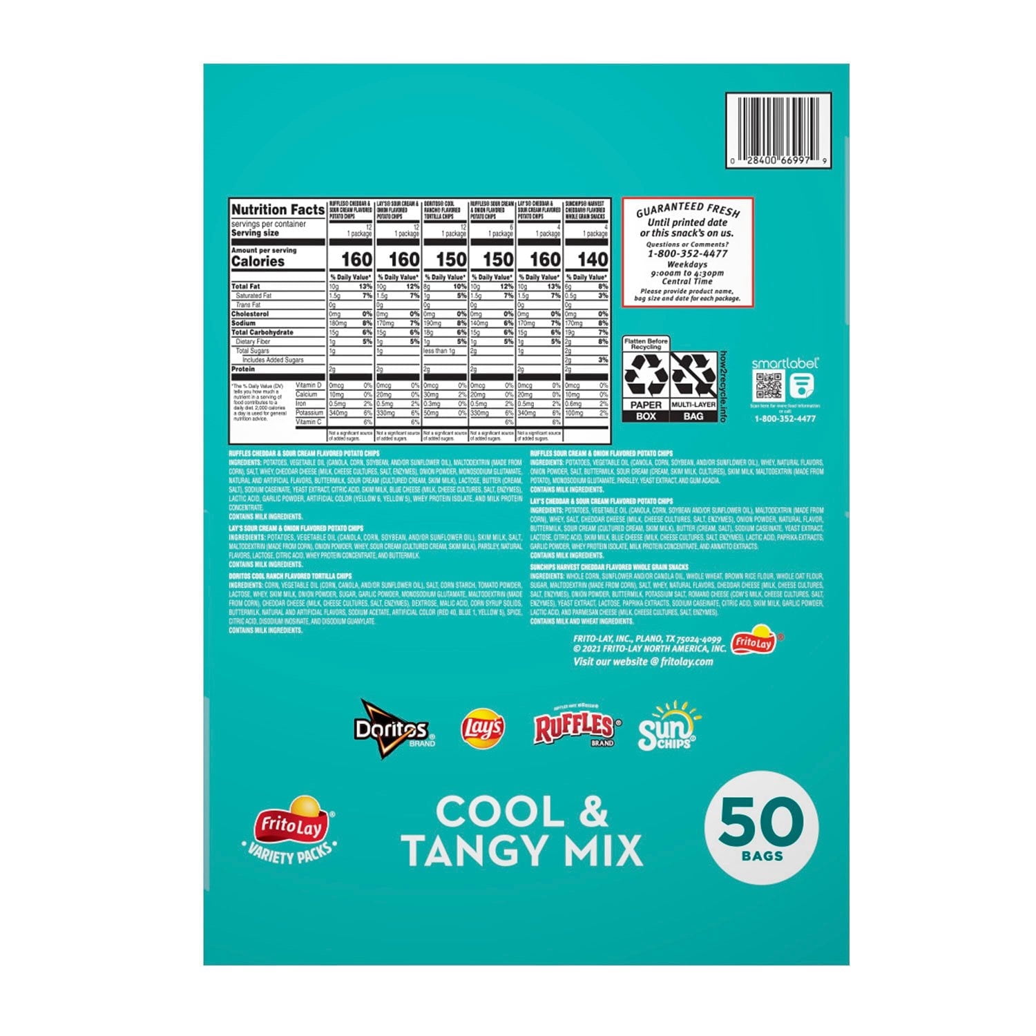 Frito-Lay Cool & Tangy Variety Pack Chips, Assorted Snack Bags, 50 Pack