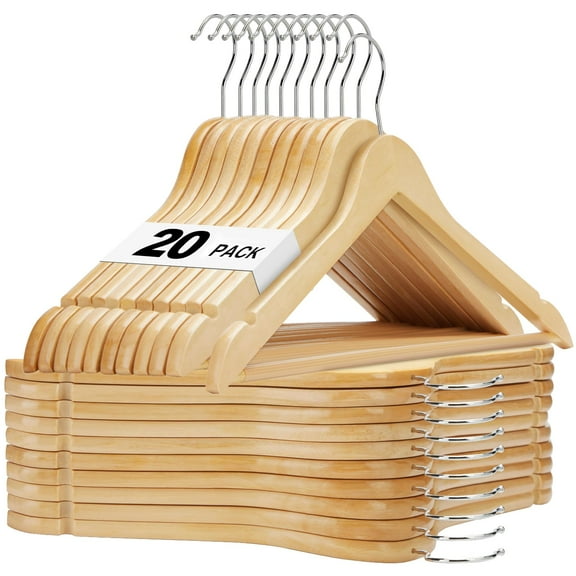 30 Wooden Hangers Heavy Duty for Coats Suits Jackets, Durable Natural Wood Hangers with Swivel Hooks and Smooth Grooves, Closet Organizer