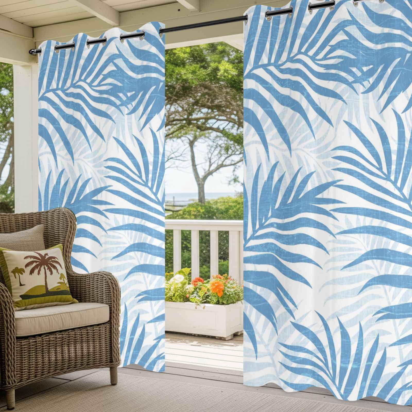 Sky Blue Palm Leaves Outdoor Curtains for Patio, Summer Botanical Tropical Plant Rustic Sunshade Privacy Drapes Grommet Waterproof Outside Curtains for Porch/Cabana/Balcony 54"x 108", 1 Panel