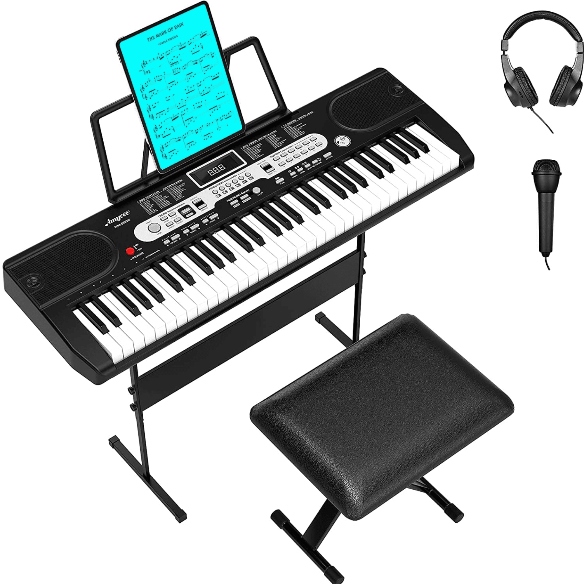 61-Key Portable Digital Keyboard Piano Set for Kids and Beginners – Includes Headphones, Microphone, Sturdy Stand, Adjustable Stool, Carrying Bag