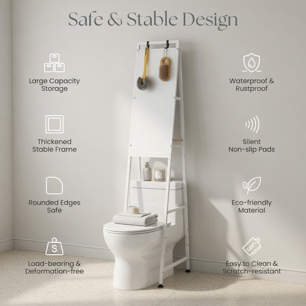 Hommoo Over-the-Toilet Storage Cabinet with Flip-Up Doors, Adjustable Height & Wall-Safe Design, Bathroom Organizer for Shampoo, Toiletries & Towels, White