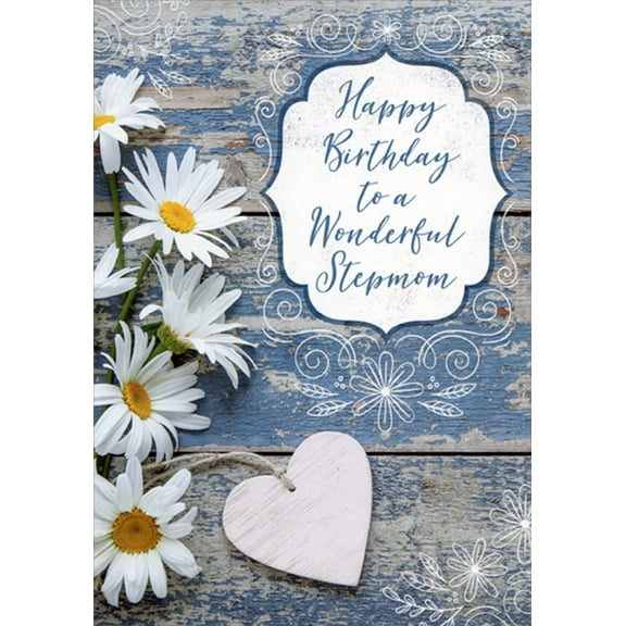Designer Greetings 5 Daisies and Wooden Heart Birthday Card for Stepmom