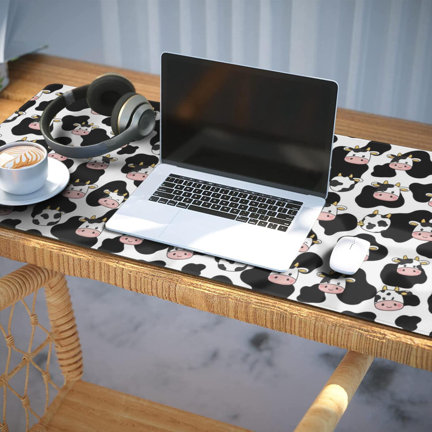 Long Mouse Pads for Desk,White Cow Black Spot Face Pattern Desk Mats on Top Of Desks, Desk Mouse Pad Extra Large with 3mm Non-Slip Base and Stitched Edge for Gaming,Office,Work,Home 35.4"x15.7"