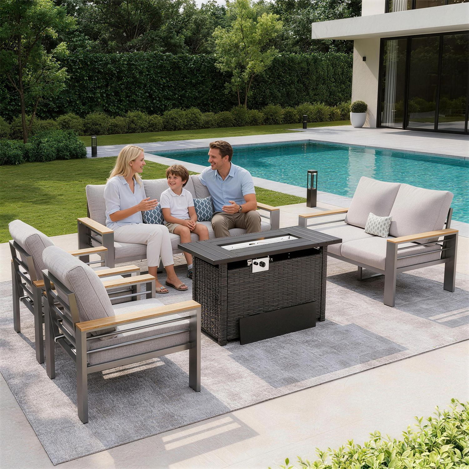 LazySunsets 5 Piece Aluminum Patio Furniture Set, 7-Seat Oversized Outdoor Sectional with Fire Pit Table, Light Gray