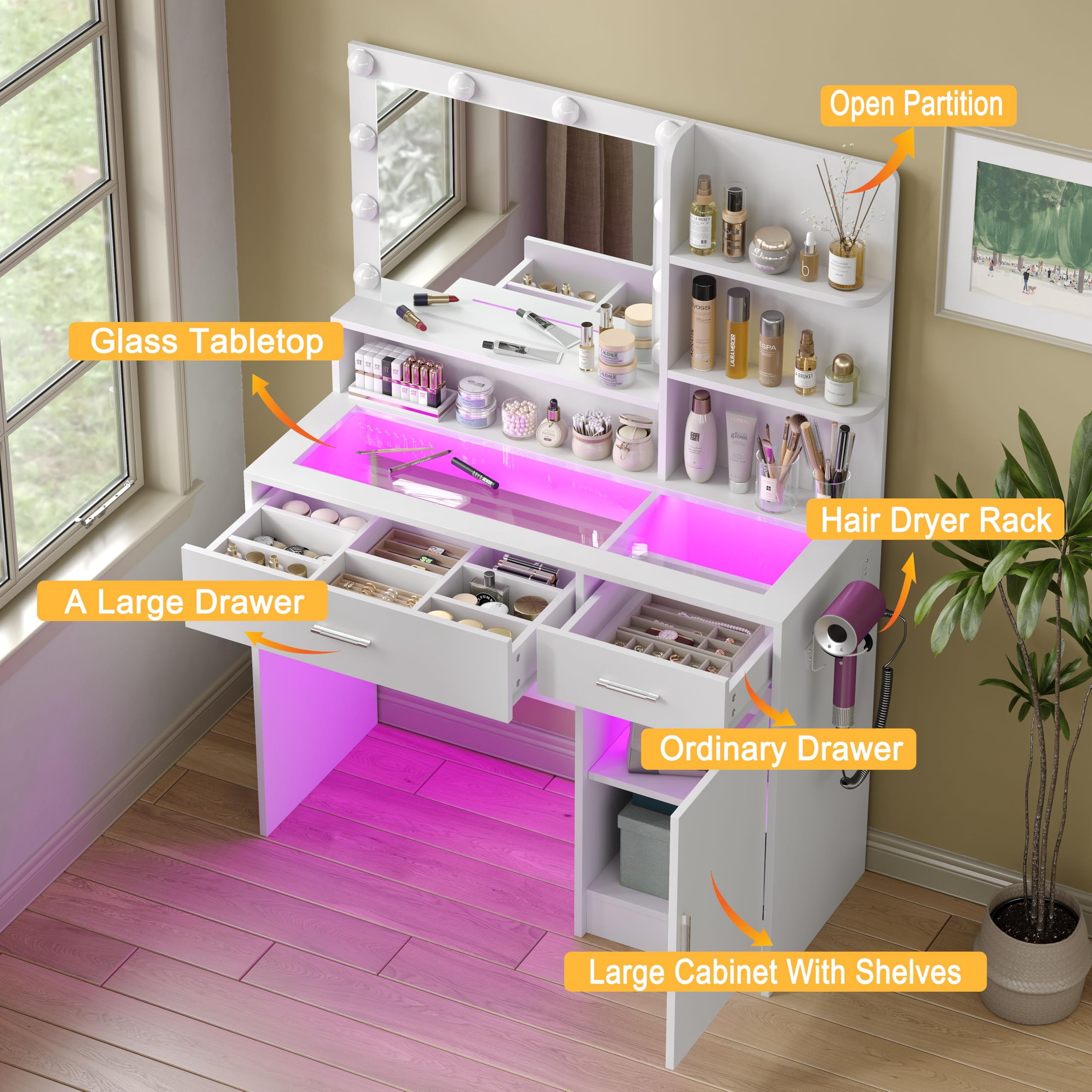 White Vanity Desk with Mirror & LED Lights, Glass Top, Power Outlet, 36 Modes Dimmable RGB Drawers, Makeup Dressing Table for Bedroom