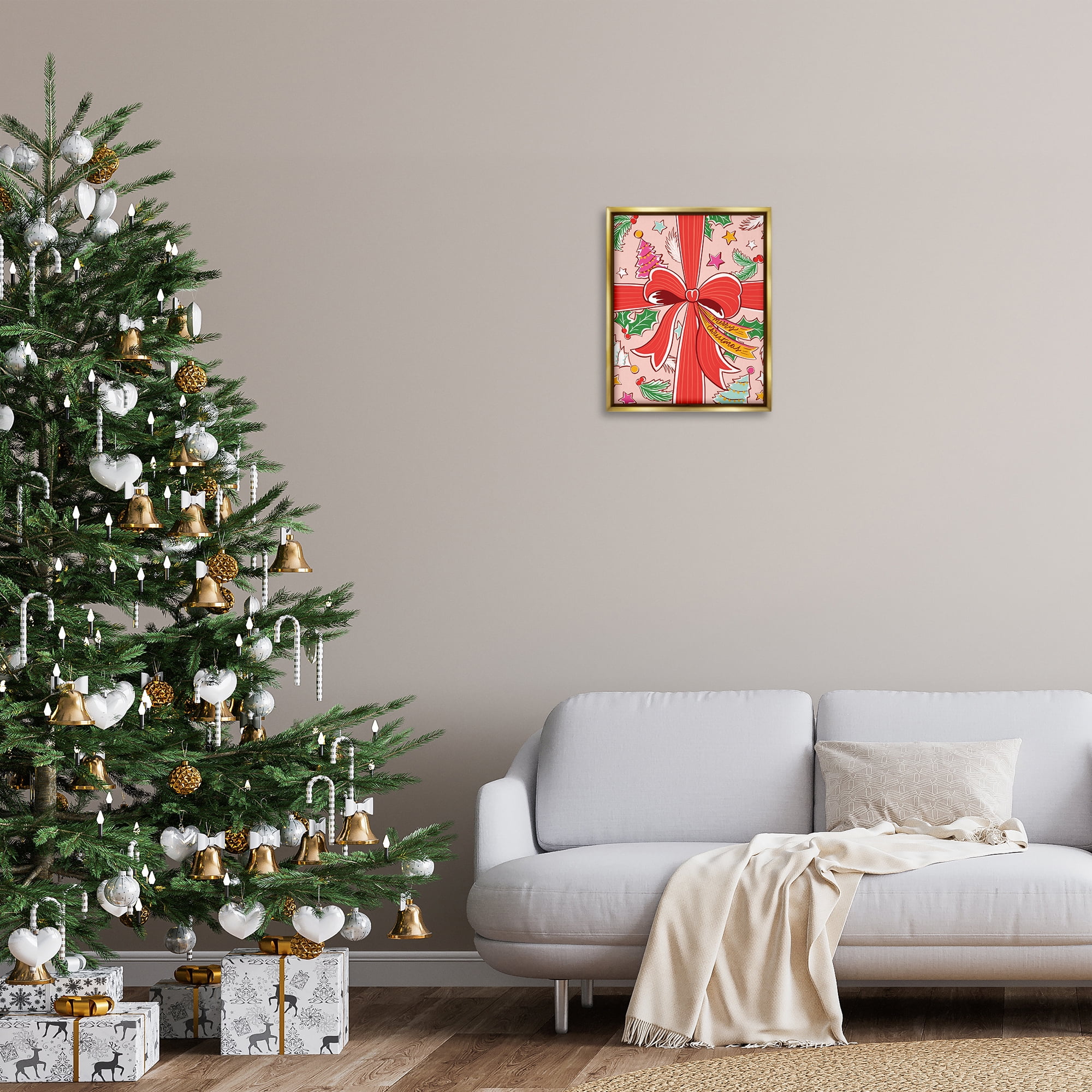 Stupell Industries Christmas Bow and Trees Holiday Painting Gold Floater Framed Canvas Art Prints Wall Art, 17 x 21