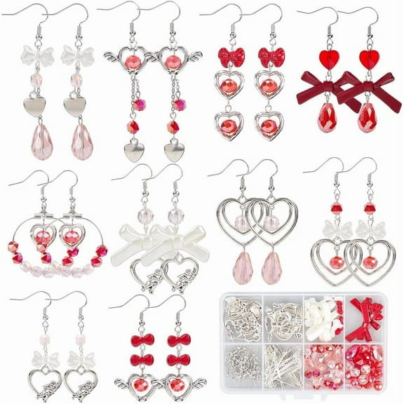 1 Box DIY 10 Pairs Earrings Making Kits Valentines Day Charms Charm Bulk Bowknot Charms Bowknot Bead Red Pink Glass Spacer Beads for Jewelry Making Kits Women Gifts Holiday Supplies DIY