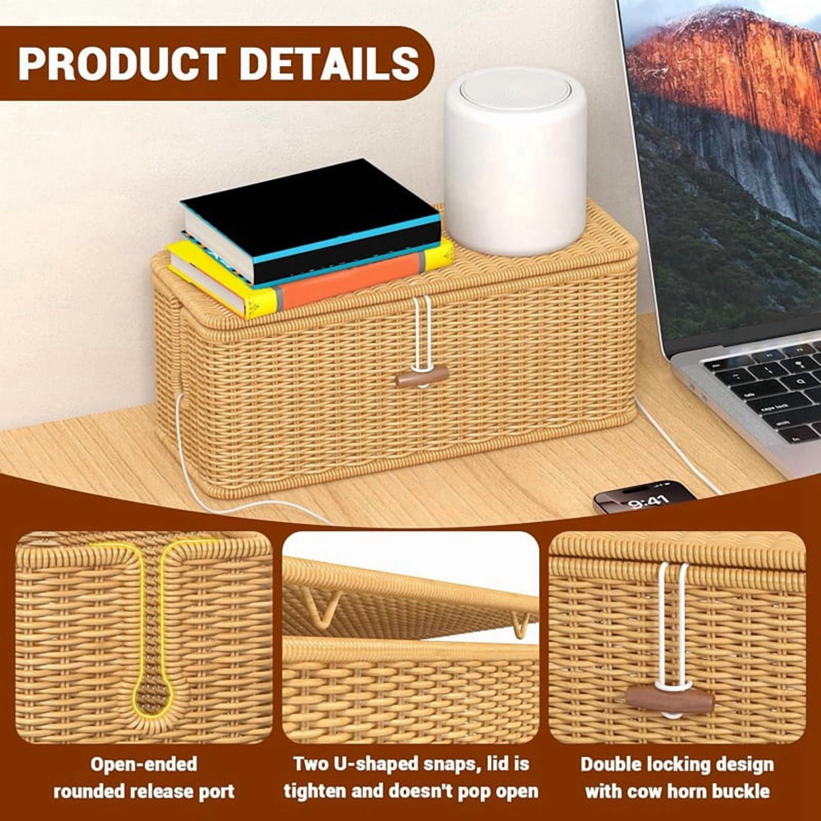 Cable Management Box, Power Strip Organizer with Locked Cover,Handmade Rattan Cable Organizer Cords Hider,Cord Organizer