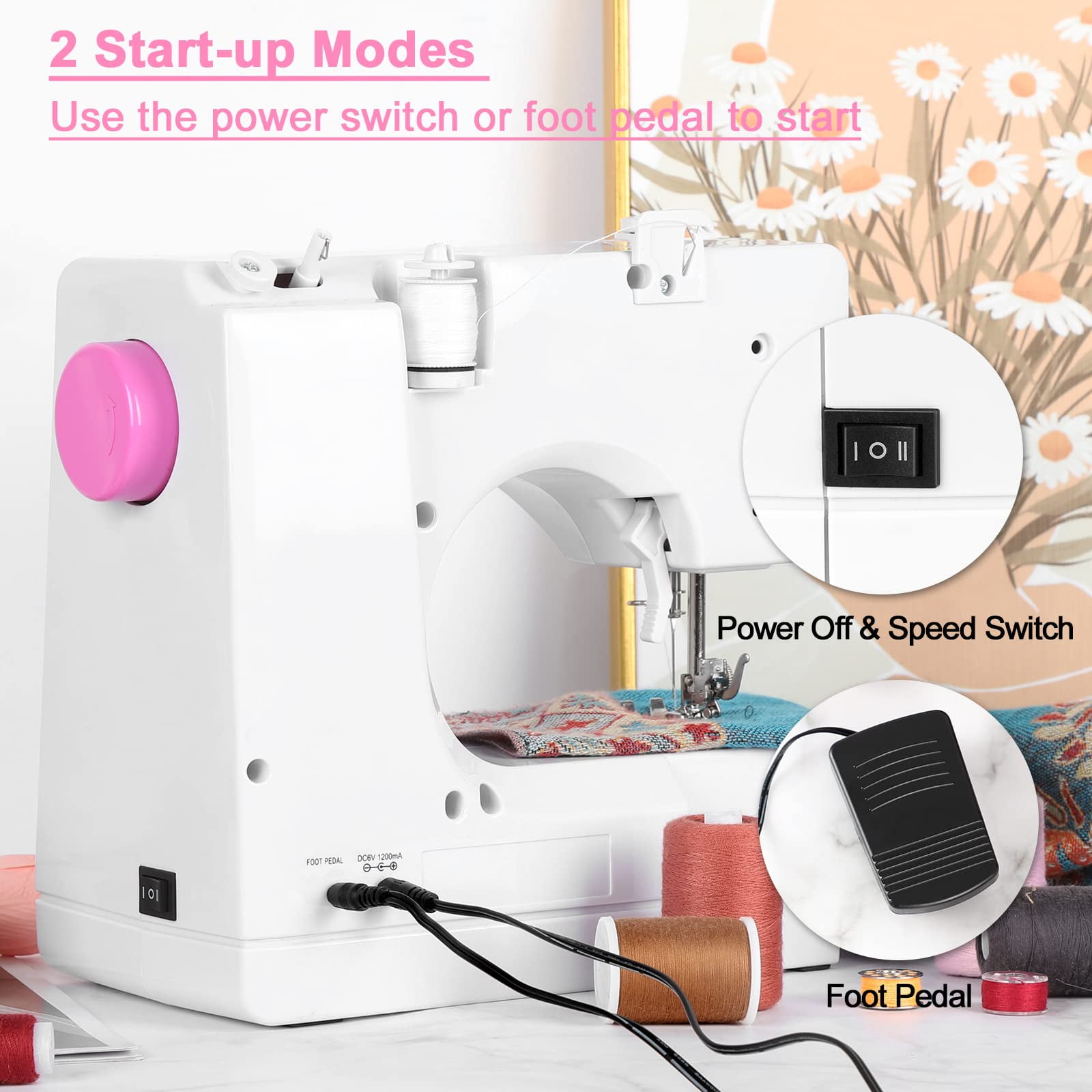 Mini Sewing Machine for Beginners, Electric Portable Small Sewing Machine with 12 Built-In Stitches Reverse Sewing Adjustable Speed LED Light Foot Pedal Heavy Duty Household Mending Stitching Machine