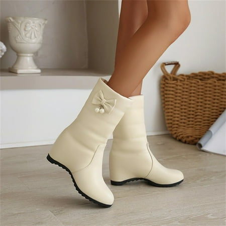 

Wefuesd Ladies Fashion Solid Color Bow Pearl Decorative Fleece Inner Heightening Wedge Heel Mid Boots Womens Fashion Boots For Women Beige 38