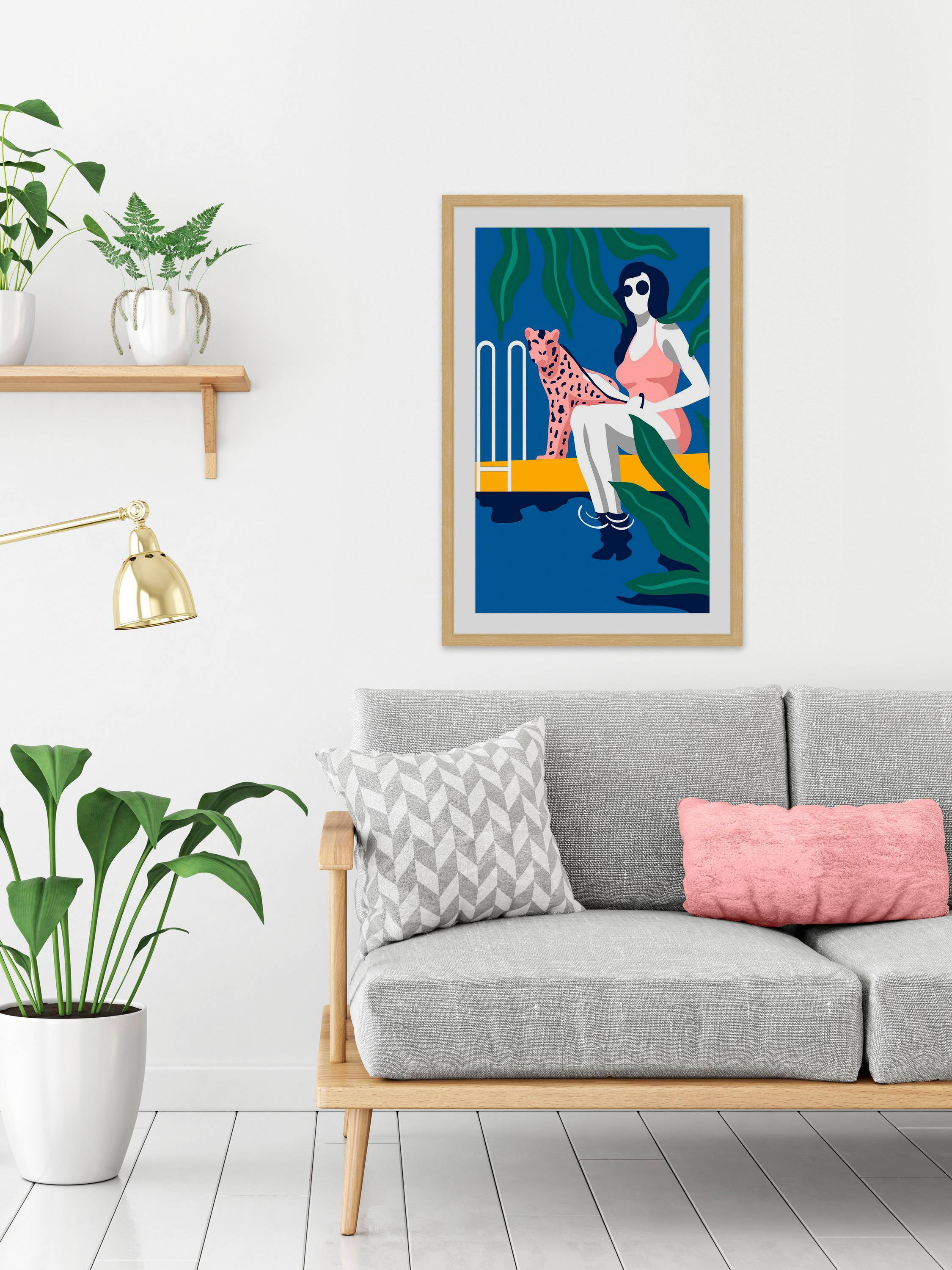 Cheetah by the Pool Framed Painting Print