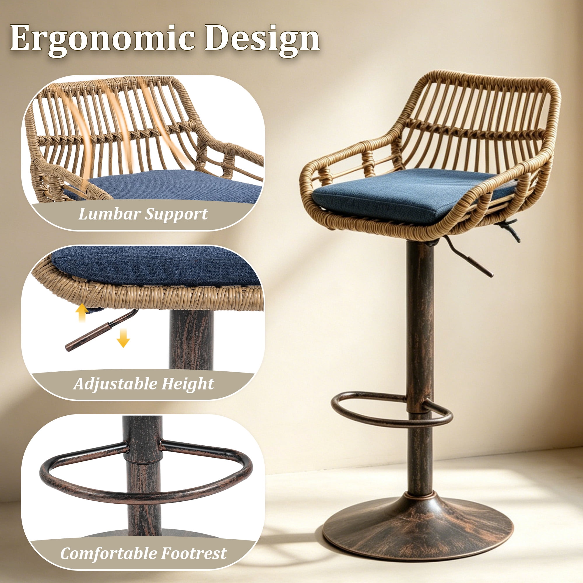 MOONMISS Swivel Bar Stools Set of 2, Modern Adjustable Counter Height Barstools with Back, Rattan Bar Chairs with Cushions & Metal Footrest, Pub Stools for Kitchen, Bar, Dining Room,Blue