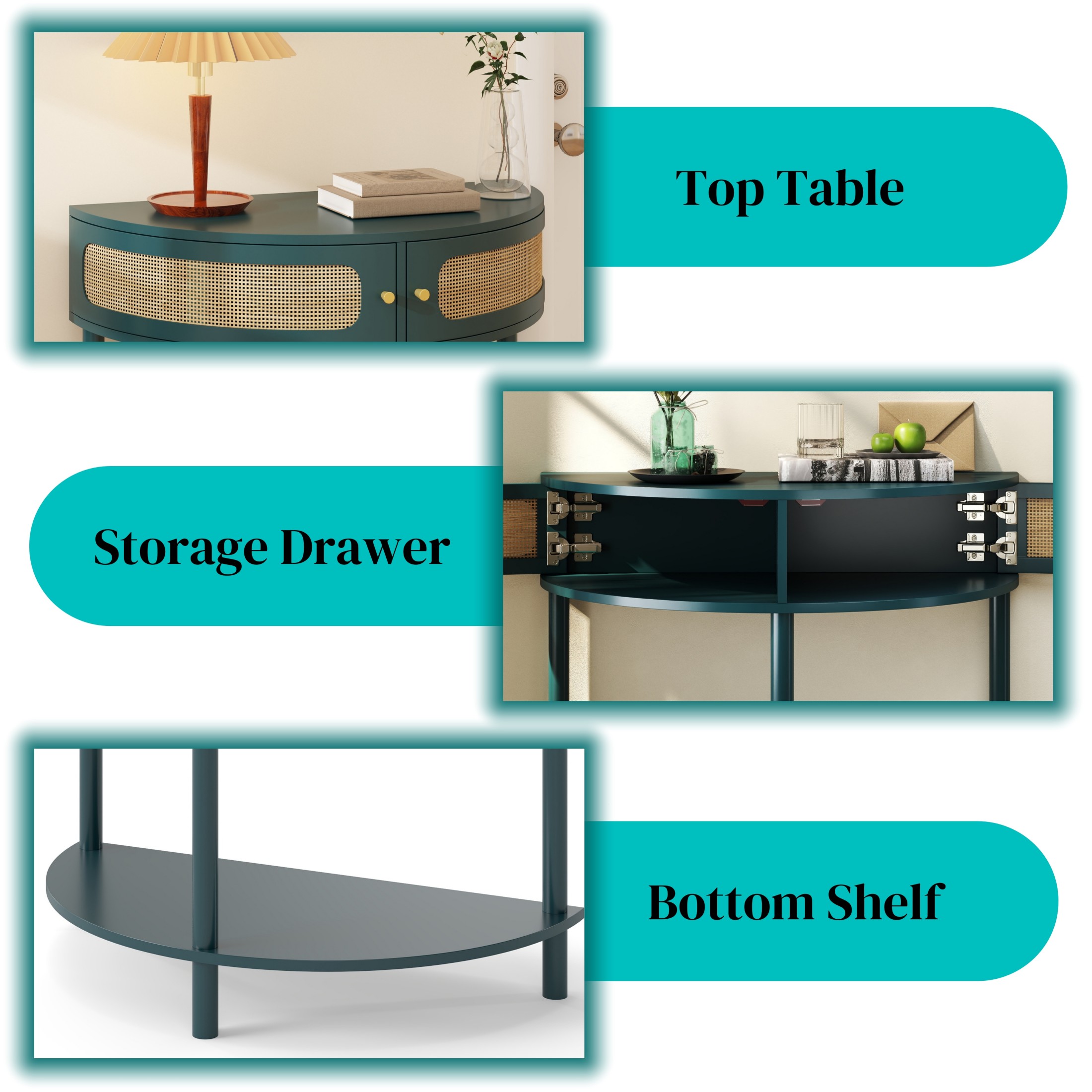 Noble House 31.5" Unique Half-Moon Entry Console, Rattan Doors with Bottom Shelf, Boho End Table, Hallway, Antique Green