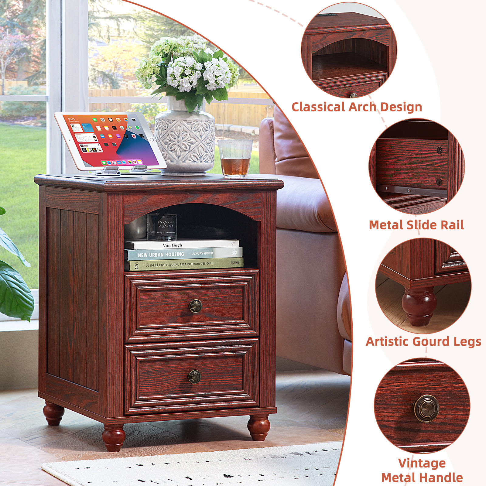 Nightstand Set of 2 with Charging Station, Rustic Modern Bedside Tables with 2 Drawers & Shelf, Bedside Tables End Table for Bedroom - Red Oak