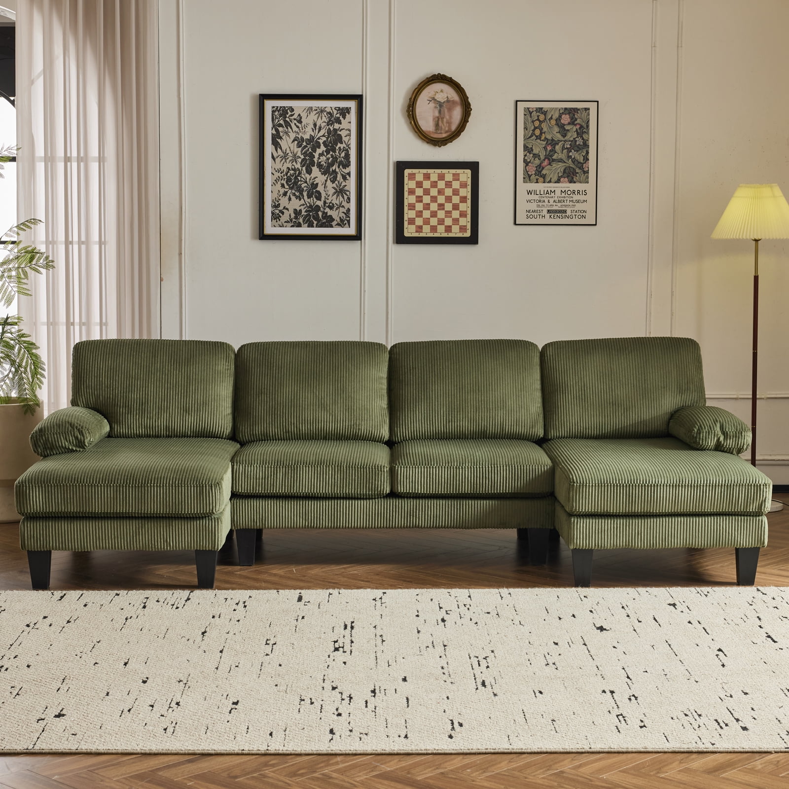 Ktaxon U-Shaped Sectional Sofa, 111"  Corduroy Couch, 4 Seat Lounge Sleeper with Double Chaise for Living Room Green