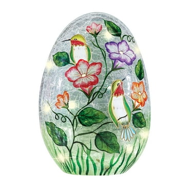 Collections Etc LED Lighted Hummingbird Floral Crackled Glass Egg Decoration