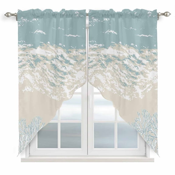 Blue Coastal Coral Swag Curtains for Kitchen/Bedroom/Living Room, Summer Beach Ocean Abstract Art Scalloped Curtains 63 Inch Long, Rod Pocket Window Swag Topper Curtains Valances 2 Panels Set 36"x63"