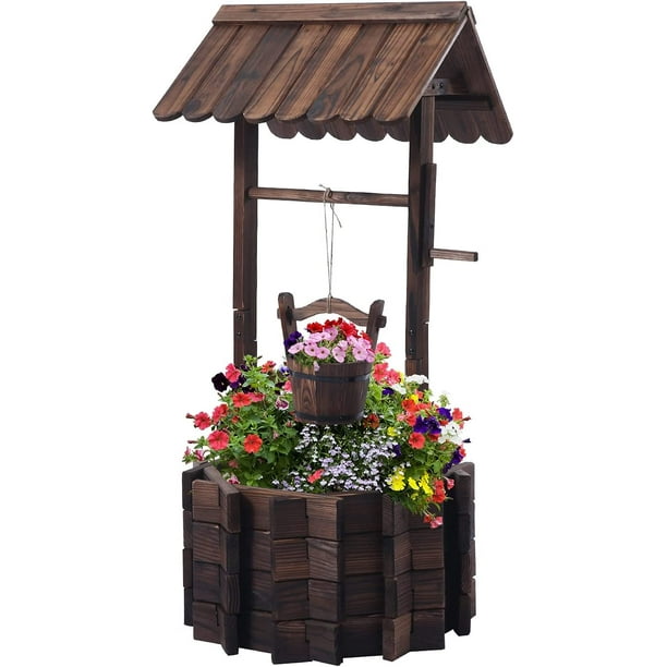 Wooden Wishing Wells for Outdoors with Hanging Bucket Wishing Well Planters Rustic Style Patio