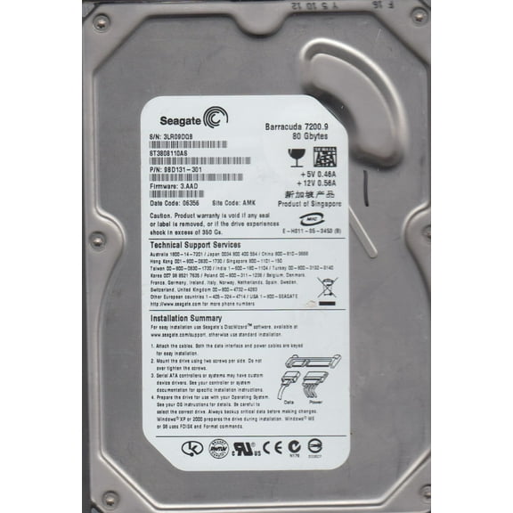 ST3808110AS, 3LR, AMK, PN 9BD131-301, FW 3.AAD, Seagate 80GB SATA 3.5 Hard Drive