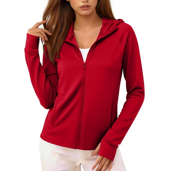 Women's Relaxed UPF 50 Sun Hoodie Regular Fit Solid Color Crew Neck Hooded Long Sleeve Quick Dry Lightweight UV Protection Top for Travel and Casual Outings Red M