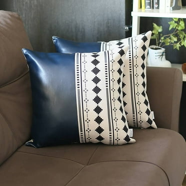 Boho Set of 2 Handcrafted Decorative Throw Pillow Cover Vegan Faux Leather Geometric 17" x 17" Navy Blue & Ivory Square for Couch, Bedding