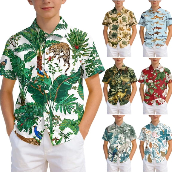 Ulanda Boys Hawaiian Shirt Short Sleeve Casual Button Down Beach Aloha Shirt Kids Summer Hawaii Shirts 5-14 Years (Dark Green, 9-10 Years)
