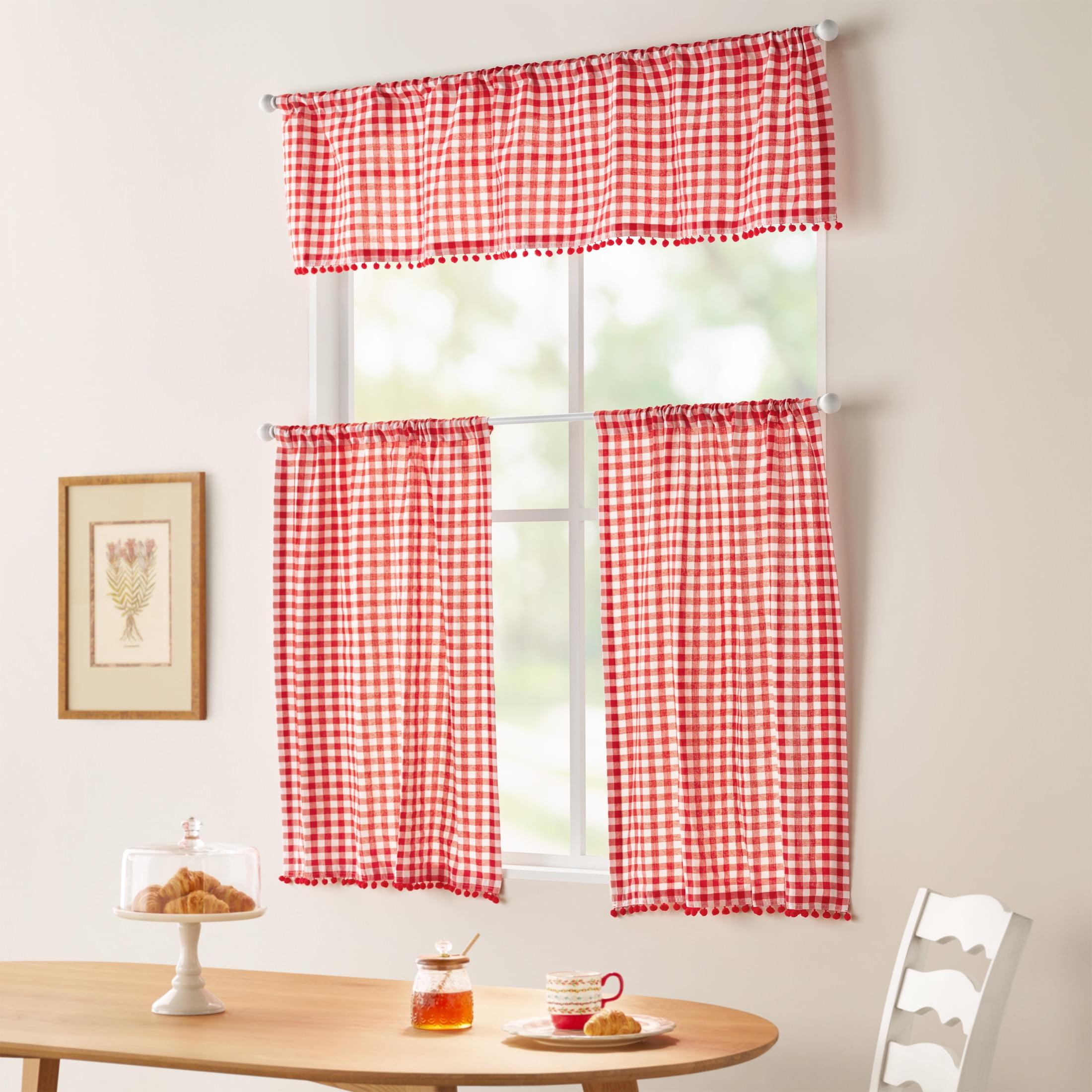 The Pioneer Woman Gingham 3 Piece Tier Set Red, Recycled Polyester BCI Cotton, 60"W x 14"L, Indoor Curtain, Adult