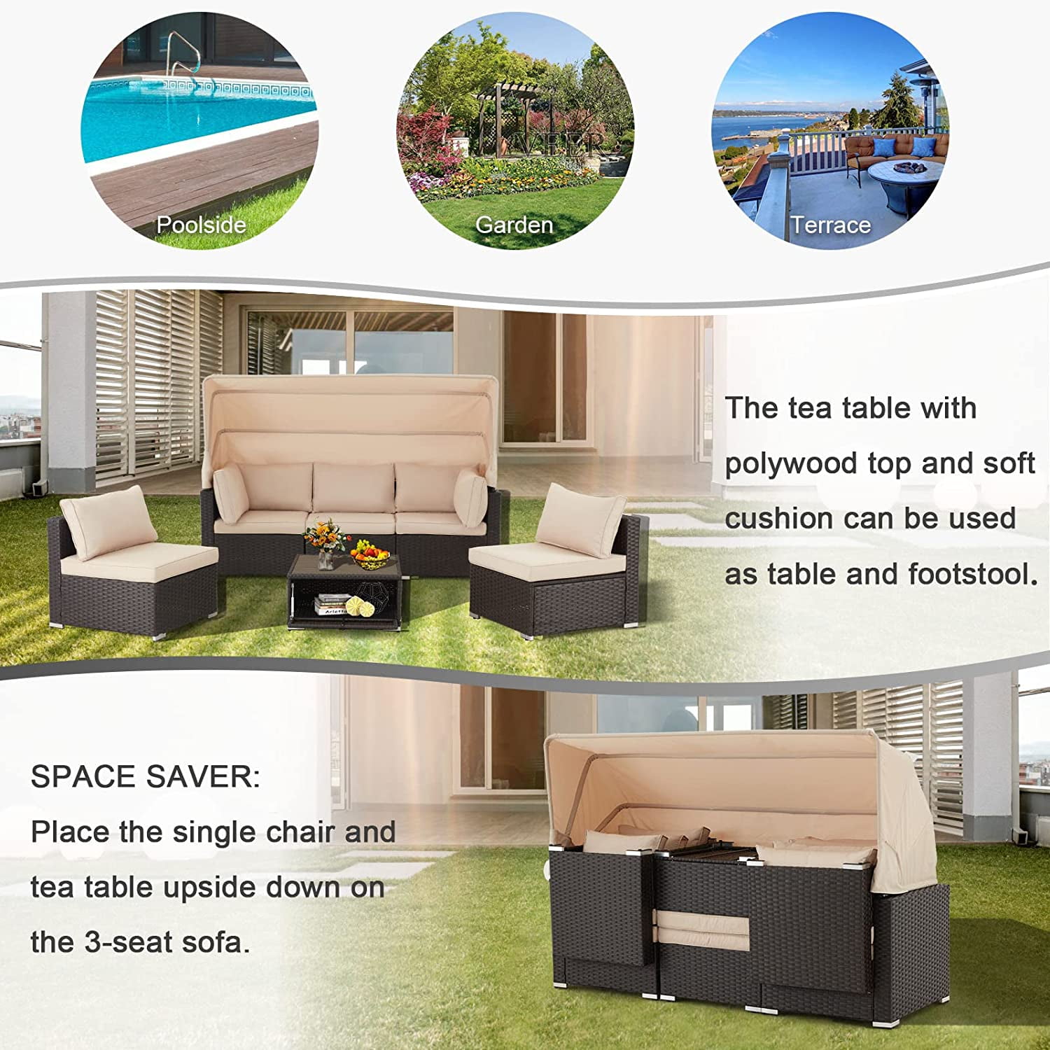 Vicluke 6 Pieces Patio Furniture Sets Outdoor Rattan Daybed, Rectangle Sunbed for Backyard (Khaki)