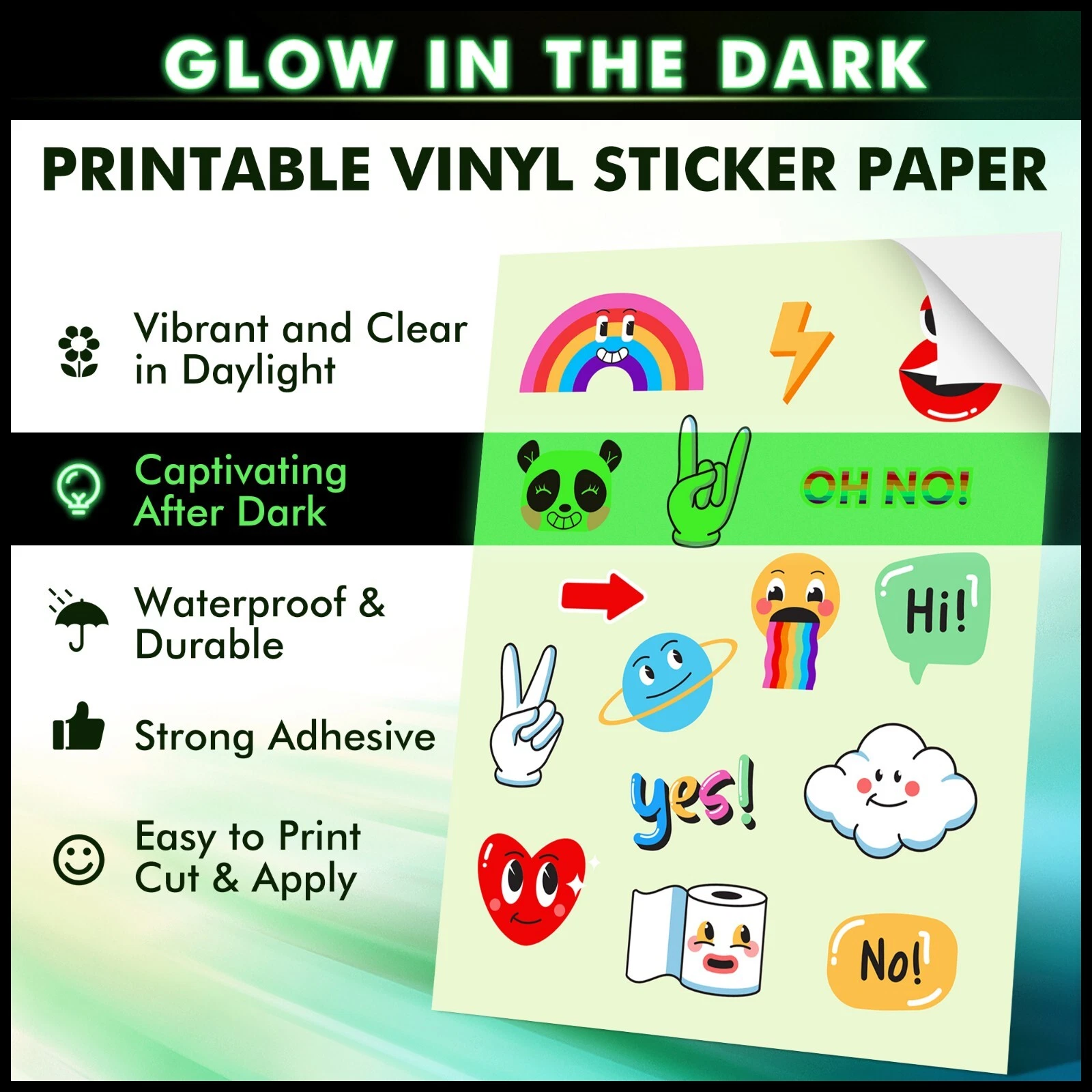 A-SUB Glow In The Dark Vinyl Sticker Paper for Inkjet Printers Waterproof , Durable, Cutable, 8.5x11 inch , 15 Sheets