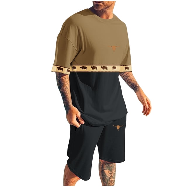 Pantalones Elásticos de la Cintura de los Hombres de la Impresión de los Pantalones Cortos Delgados Deportivos, Cuello Redondo de la Blusa de Manga Corta