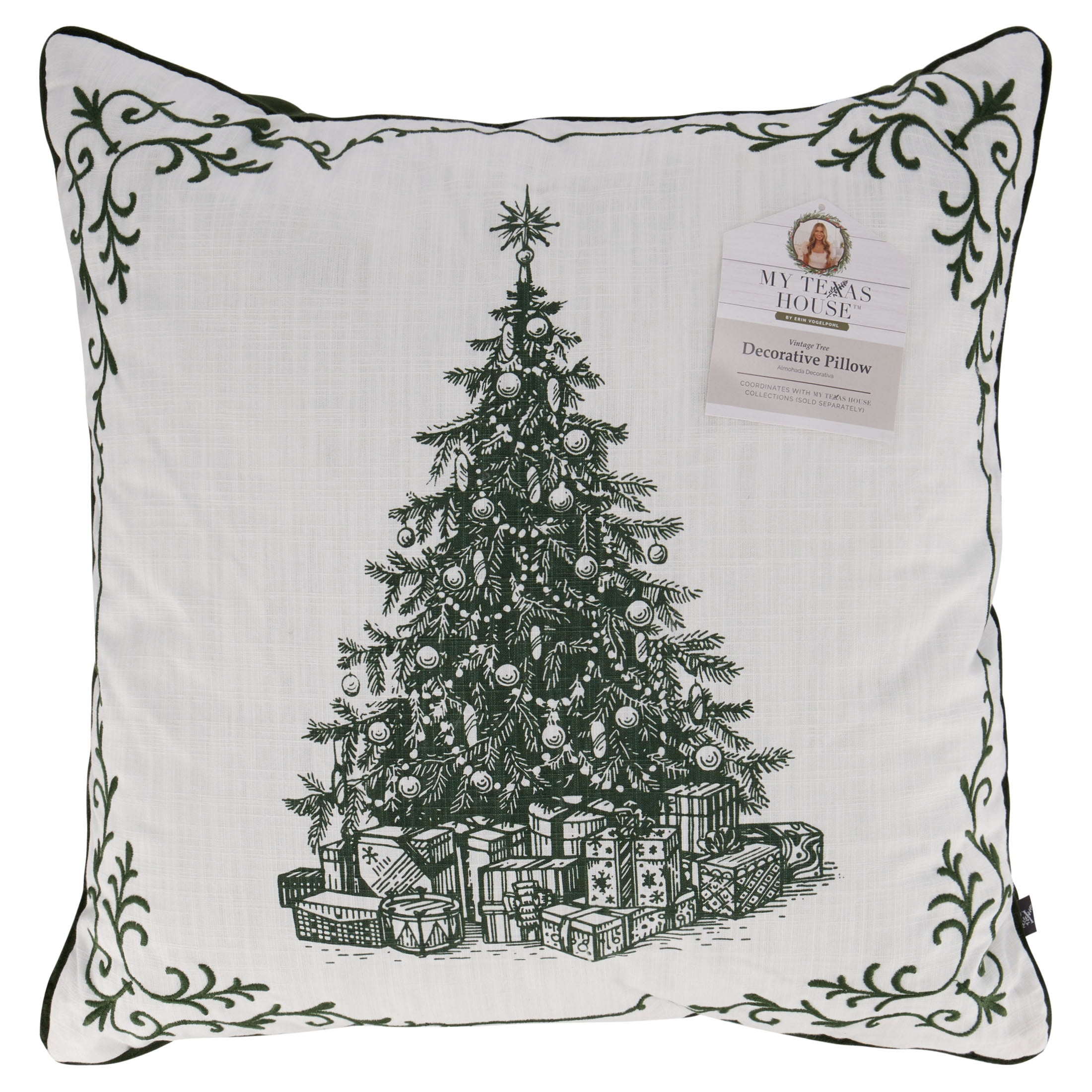 My Texas House Vintage Christmas Tree Decorative Pillow, Green and White, 20" x 20"