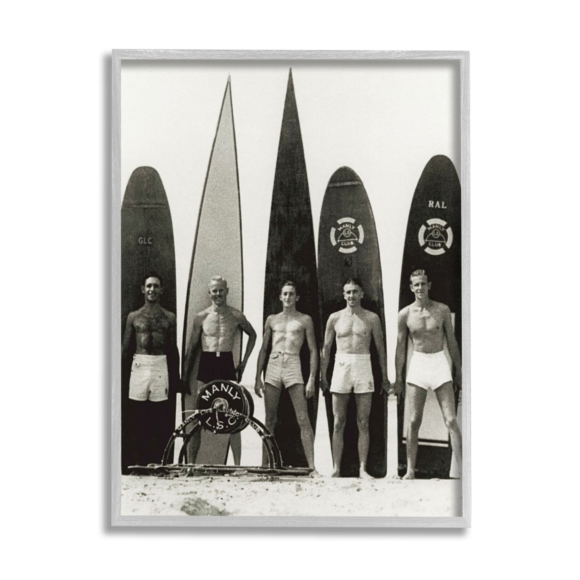 Stupell Industries Vintage Photography Men Surfer Surfboards Beach Sport Photograph Gray Framed Art Print Wall Art, Design by Graffitee Studios
